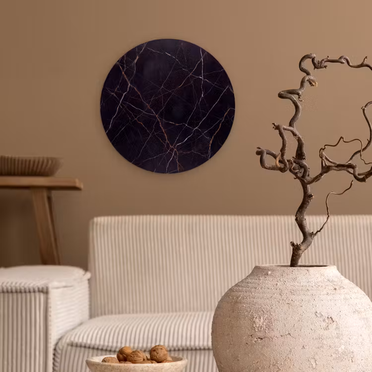 Natuursteen - Marmerpatroon - Abstract - Modern - Zwart - Goud Wandcirkel kunststof plaat 5mm dik klein -sfeer1