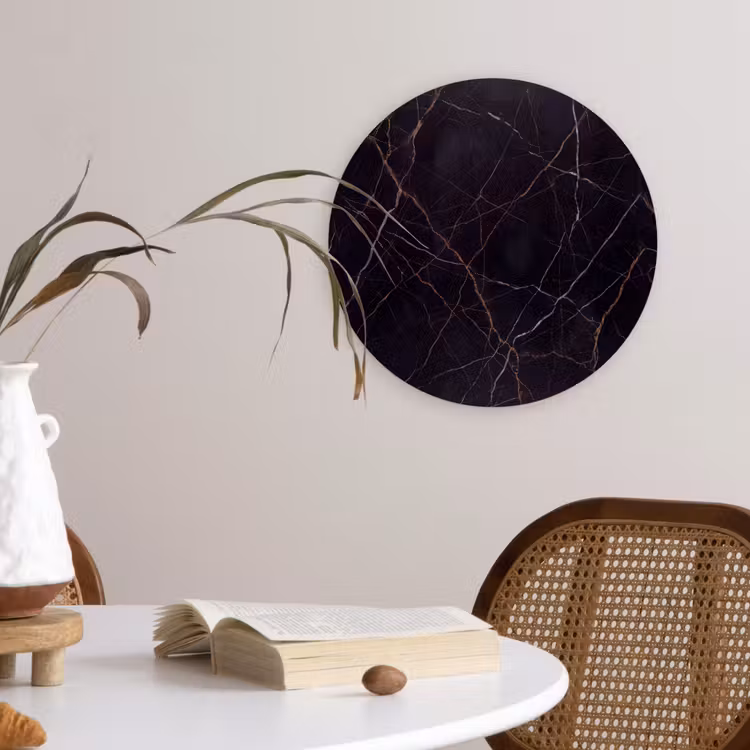 Natuursteen - Marmerpatroon - Abstract - Modern - Zwart - Goud Wandcirkel kunststof plaat 5mm dik klein -sfeer4