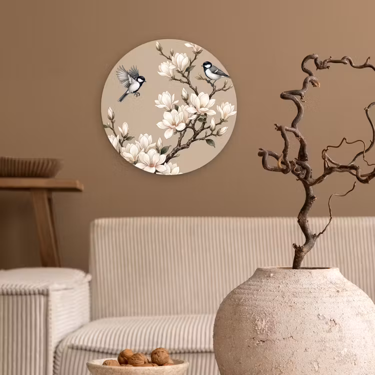 Oosters - Vogels - Beige Wandcirkel kunststof plaat 5mm dik klein -sfeer1