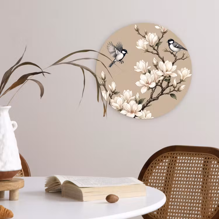Oosters - Vogels - Beige Wandcirkel kunststof plaat 5mm dik klein -sfeer4
