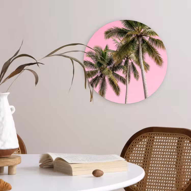 Palmboom - Tropisch - Pink Wandcirkel kunststof plaat 5mm dik klein -sfeer4