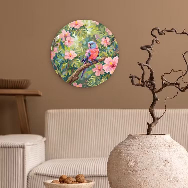 Papagaai - Hibiscusbloemen - Kleurrijk Wandcirkel kunststof plaat 5mm dik klein -sfeer1