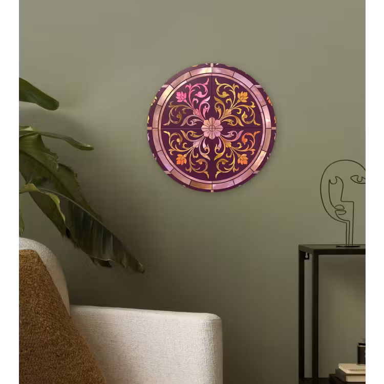 Patroon - Floraal - Oosters - Paars - Goud Wandcirkel kunststof plaat 5mm dik klein -sfeer3