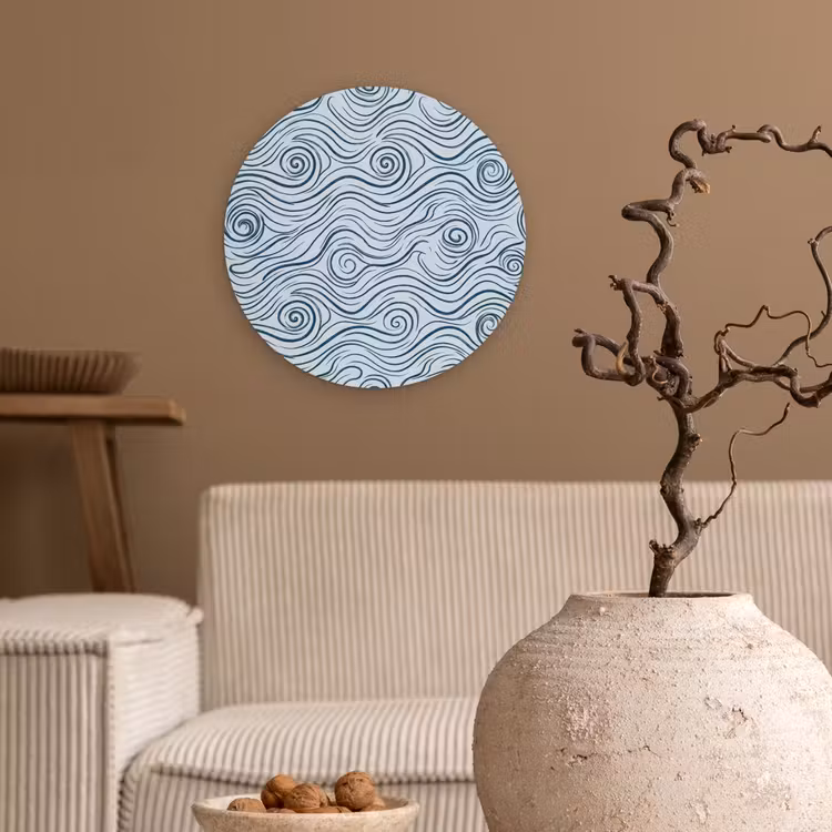 Patroon - Golven - Abstract - Modern - Blauw Wandcirkel kunststof plaat 5mm dik klein -sfeer1