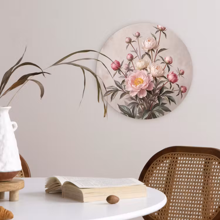 Pioenrozen - Boeket - Roze Wandcirkel kunststof plaat 5mm dik klein -sfeer4