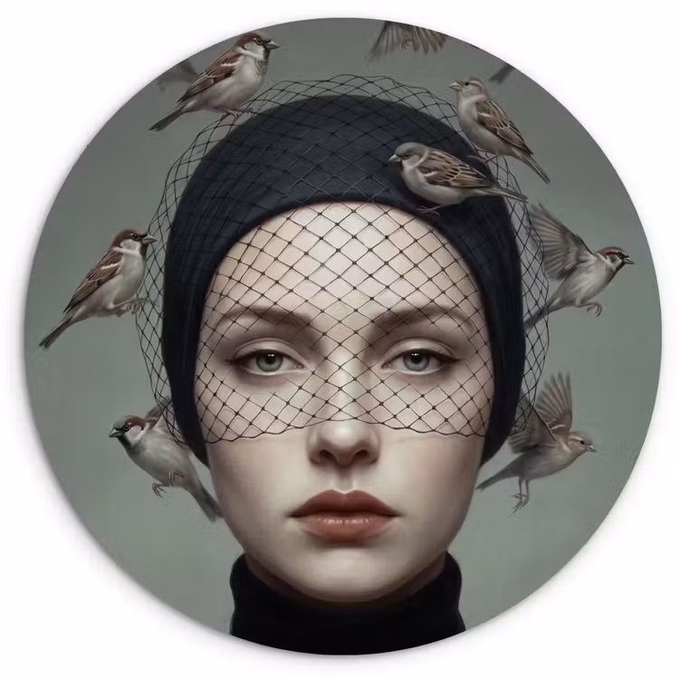 Portret - Vogels - Zwart Wandcirkel kunststof plaat 5mm dik klein -3d