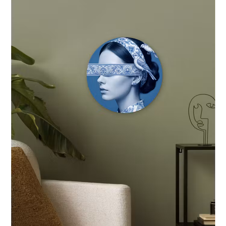 Portret - Klassiek - Wit - Blauw Wandcirkel kunststof plaat 5mm dik klein -sfeer3