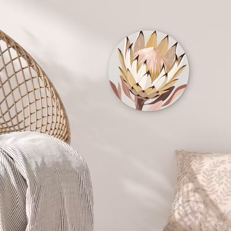 Protea - Bloem - Botanisch - Beige Wandcirkel kunststof plaat 5mm dik klein -sfeer5