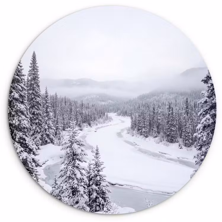 Rivier - Bevroren - Landschap - Winter Wandcirkel kunststof plaat 5mm dik klein -3d