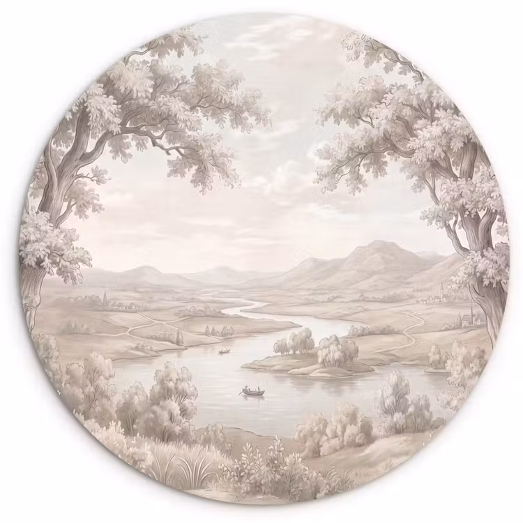 Rivierlandschap - Bergen - Natuur - Vintage - Beige Wandcirkel kunststof plaat 5mm dik klein -3d