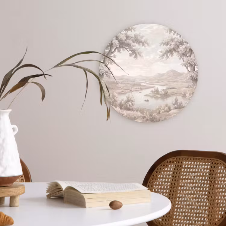 Rivierlandschap - Bergen - Natuur - Vintage - Beige Wandcirkel kunststof plaat 5mm dik klein -sfeer4