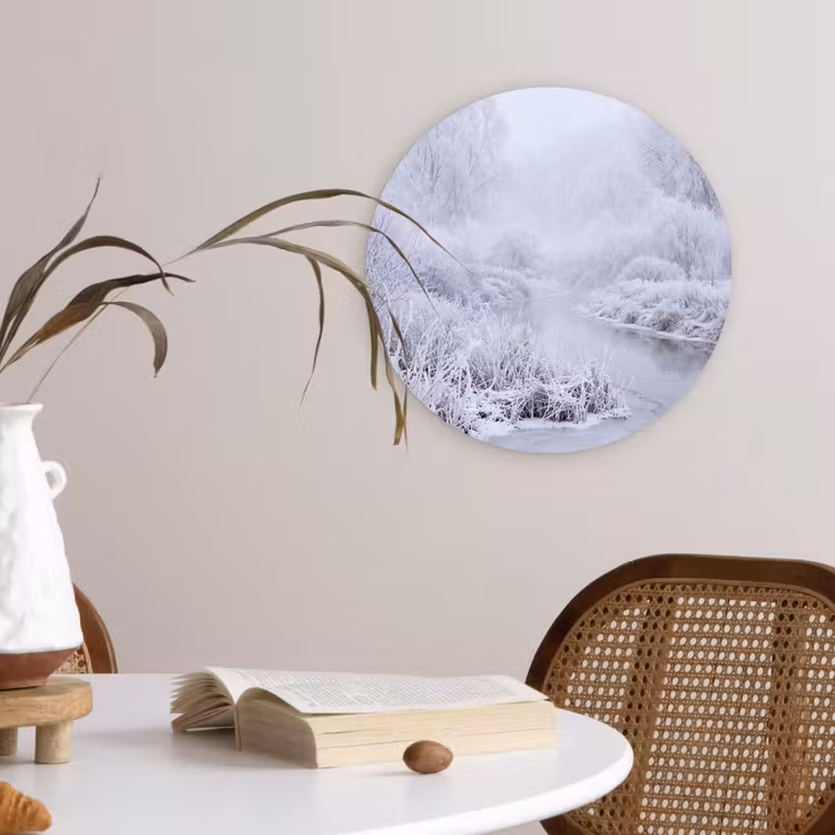 Rivier - Sneeuw - Bos - Winter - Schilderachtig Wandcirkel kunststof plaat 5mm dik klein -sfeer4