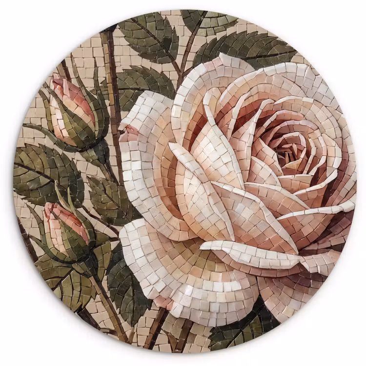 Roos - Mozaïek - Bloemen - Klassiek - Beige Wandcirkel kunststof plaat 5mm dik klein -3d