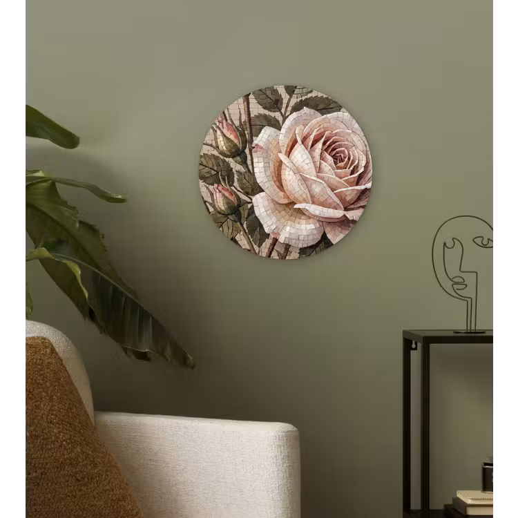 Roos - Mozaïek - Bloemen - Klassiek - Beige Wandcirkel kunststof plaat 5mm dik klein -sfeer3
