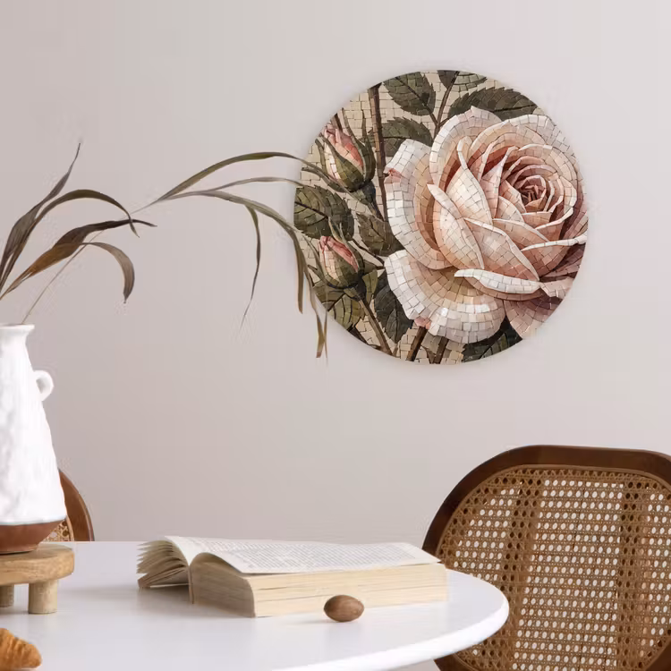 Roos - Mozaïek - Bloemen - Klassiek - Beige Wandcirkel kunststof plaat 5mm dik klein -sfeer4