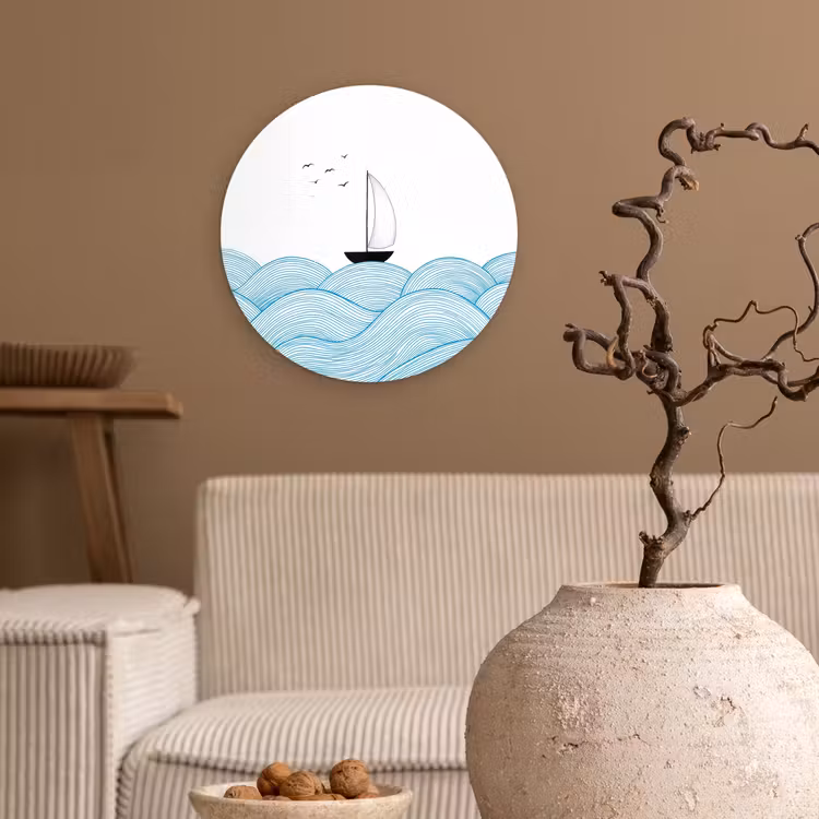 Zeilboot - Golven - Zee - Illustratie - Blauw Wandcirkel kunststof plaat 5mm dik klein -sfeer1