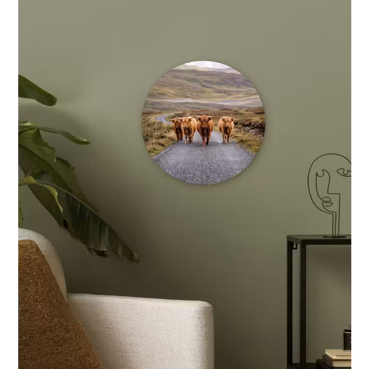 Schotse Hooglanders - Weg - Landschap - Kudde Wandcirkel kunststof plaat 5mm dik klein -sfeer3