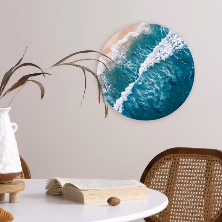 Zee - Strand - Golven - Natuur - Blauw Wandcirkel kunststof plaat 5mm dik klein -sfeer4