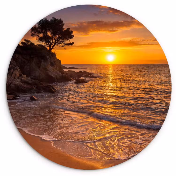 Zee - Kust - Zonsondergang - Natuur - Oranje Wandcirkel kunststof plaat 5mm dik klein -3d