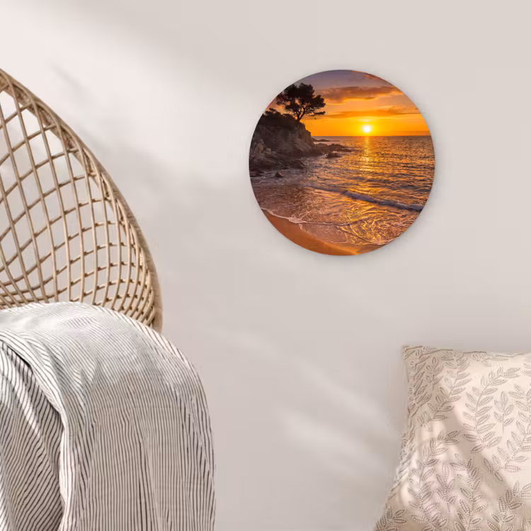 Zee - Kust - Zonsondergang - Natuur - Oranje Wandcirkel kunststof plaat 5mm dik klein -sfeer5