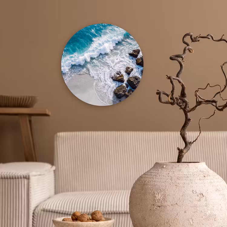 Zee - Golf - Strand - Natuur - Blauw Wandcirkel kunststof plaat 5mm dik klein -sfeer1