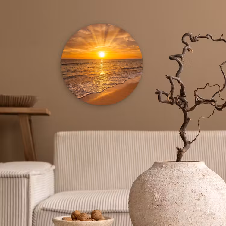 Zee - Zonsondergang - Golven - Kust - Oranje Wandcirkel kunststof plaat 5mm dik klein -sfeer1