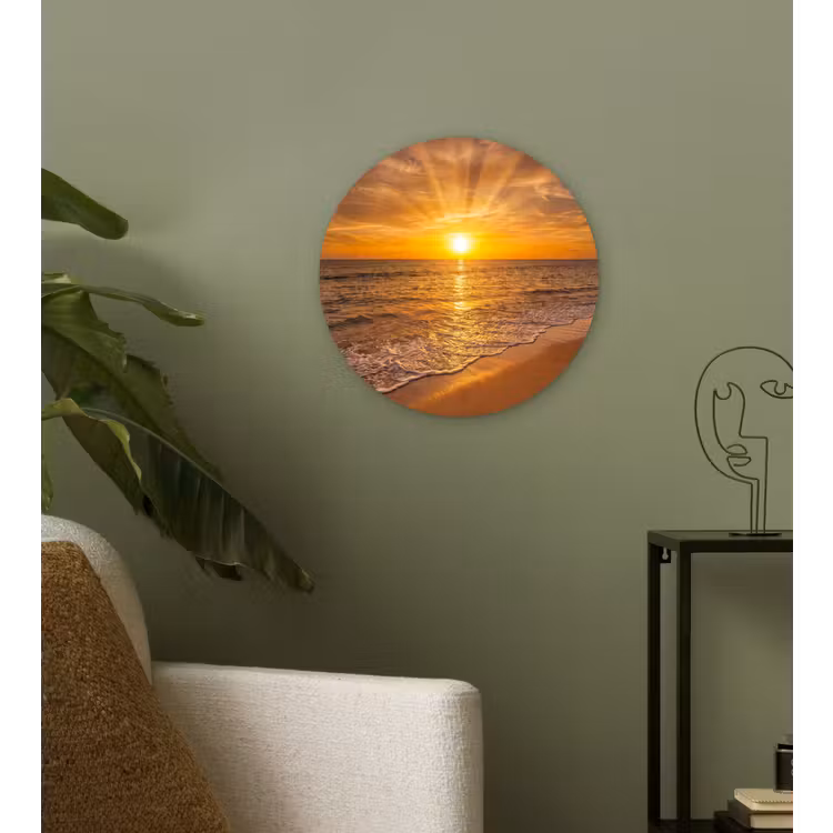 Zee - Zonsondergang - Golven - Kust - Oranje Wandcirkel kunststof plaat 5mm dik klein -sfeer3