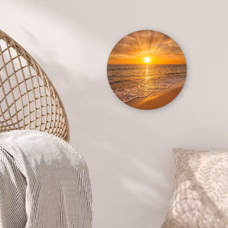 Zee - Zonsondergang - Golven - Kust - Oranje Wandcirkel kunststof plaat 5mm dik klein -sfeer5