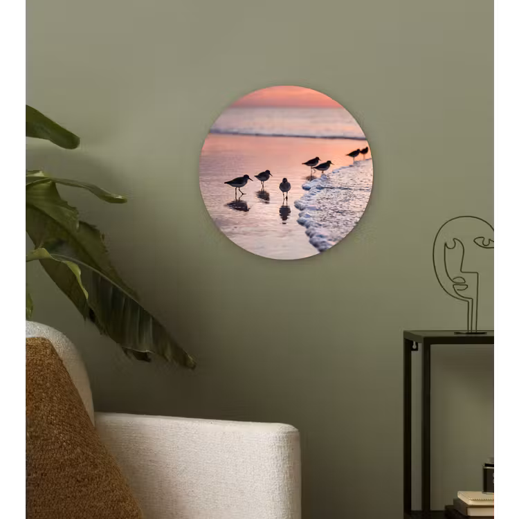 Meeuwen - Strand - Zee - Roze Wandcirkel kunststof plaat 5mm dik klein -sfeer3