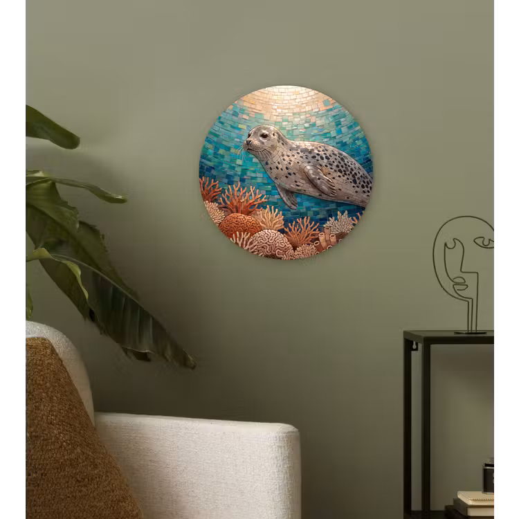 Zeehond - Mozaïek - Onderwater - Dieren - Blauw Wandcirkel kunststof plaat 5mm dik klein -sfeer3