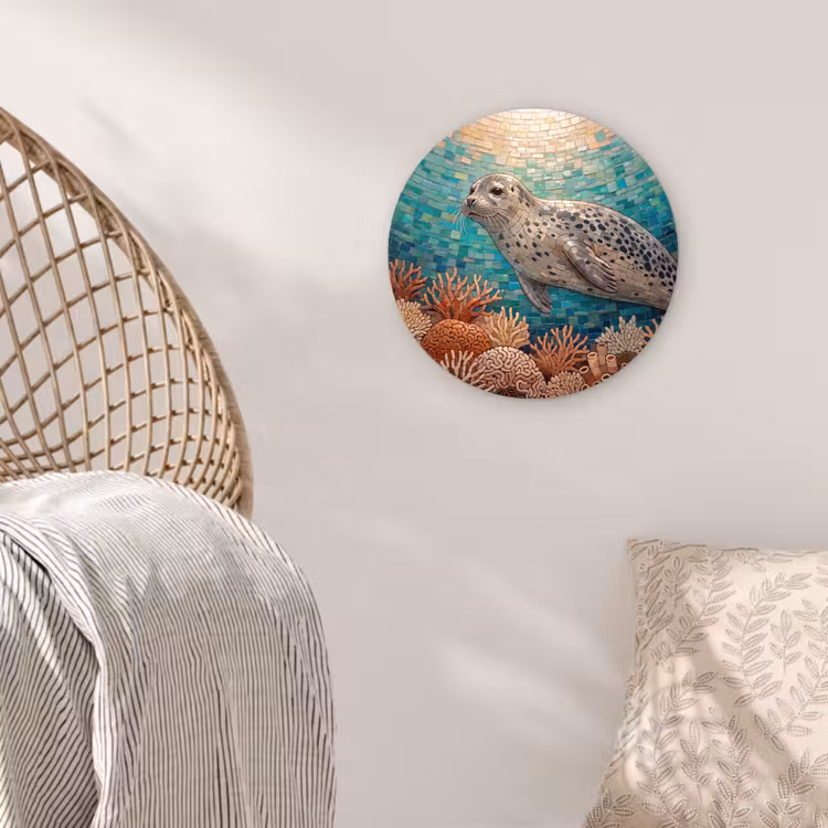 Zeehond - Mozaïek - Onderwater - Dieren - Blauw Wandcirkel kunststof plaat 5mm dik klein -sfeer5