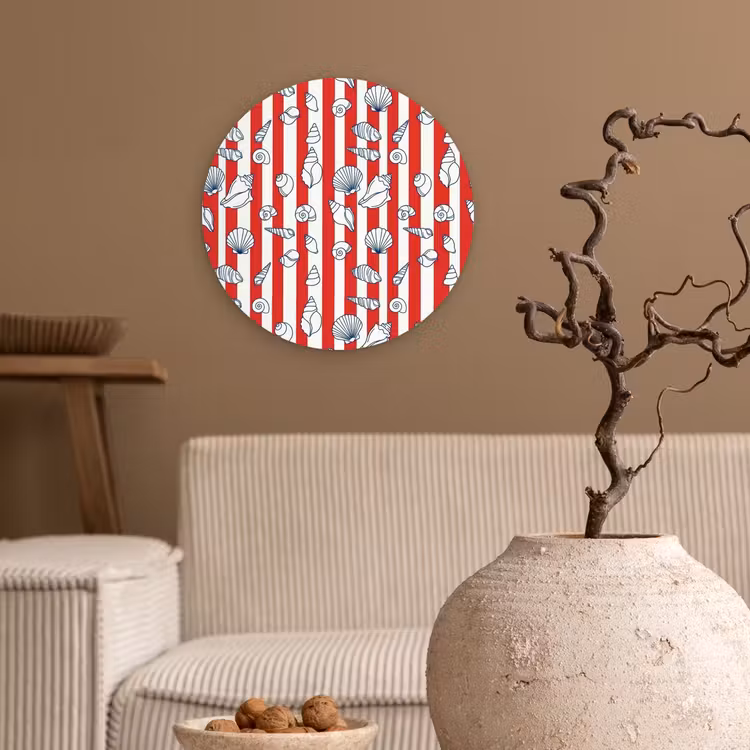 Schelp - Zeedieren - Zomer - Illustratie - Rood - Blauw Wandcirkel kunststof plaat 5mm dik klein -sfeer1