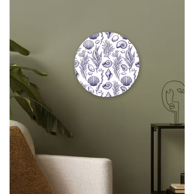 Schelpen - Zeewier - Oceaan - Illustratie - Blauw Wandcirkel kunststof plaat 5mm dik klein -sfeer3
