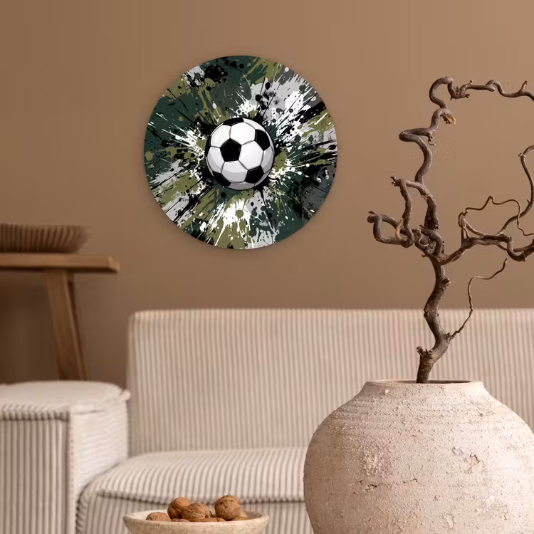 Voetbal - Verf - Spetters - Groen Wandcirkel kunststof plaat 5mm dik klein -sfeer1