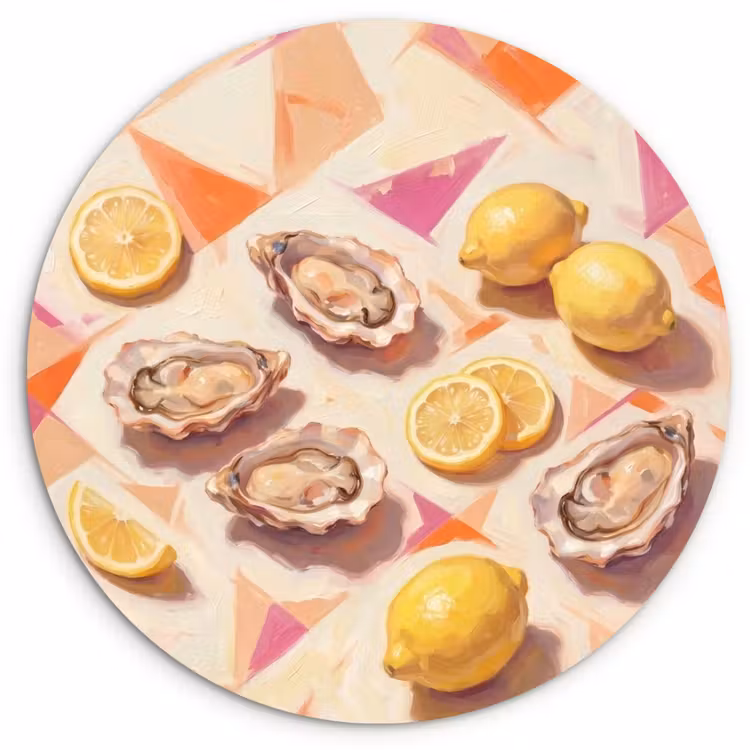 Stilleven - Citroenen - Oesters - Abstract - Oranje Wandcirkel kunststof plaat 5mm dik klein -3d