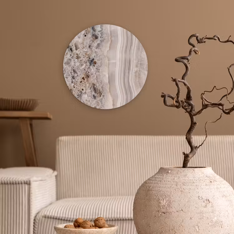 Steen - Textuur - Abstract - Beige - Wit Wandcirkel kunststof plaat 5mm dik klein -sfeer1