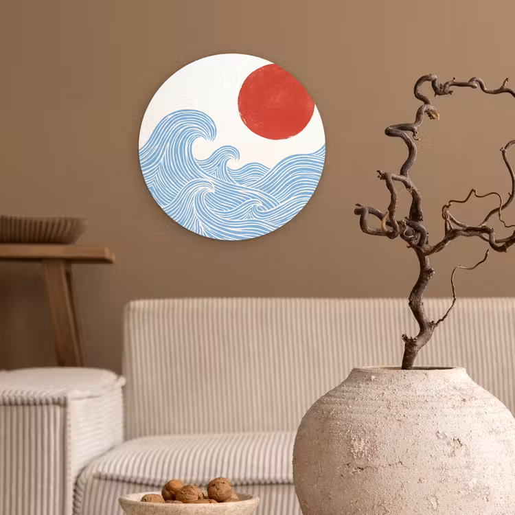 Zon - Golven - Oceaan - Abstract - Rood Wandcirkel kunststof plaat 5mm dik klein -sfeer1