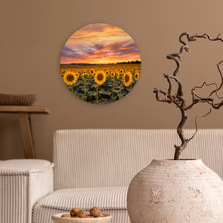 Zonnebloemen - Heuvellandschap - Geel Wandcirkel kunststof plaat 5mm dik klein -sfeer1