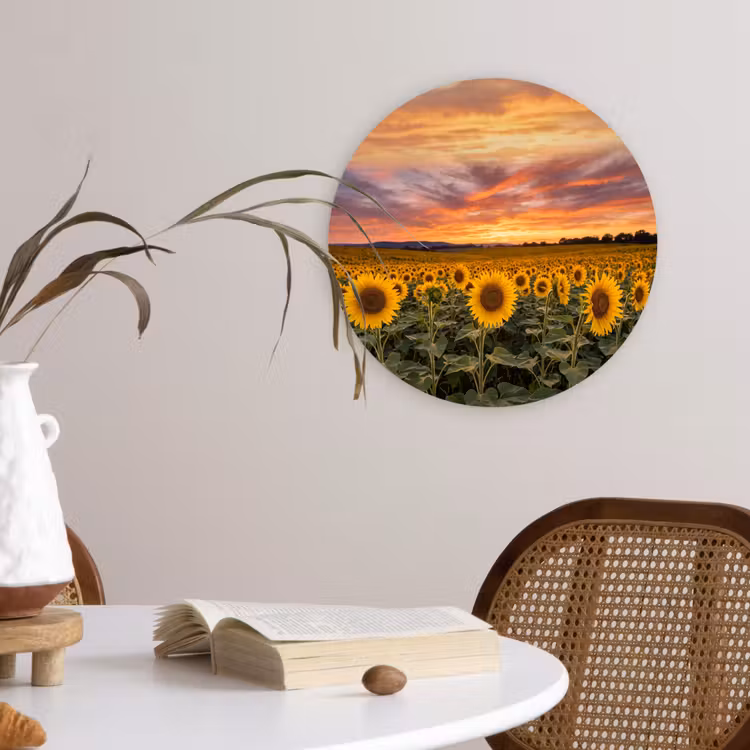 Zonnebloemen - Heuvellandschap - Geel Wandcirkel kunststof plaat 5mm dik klein -sfeer4