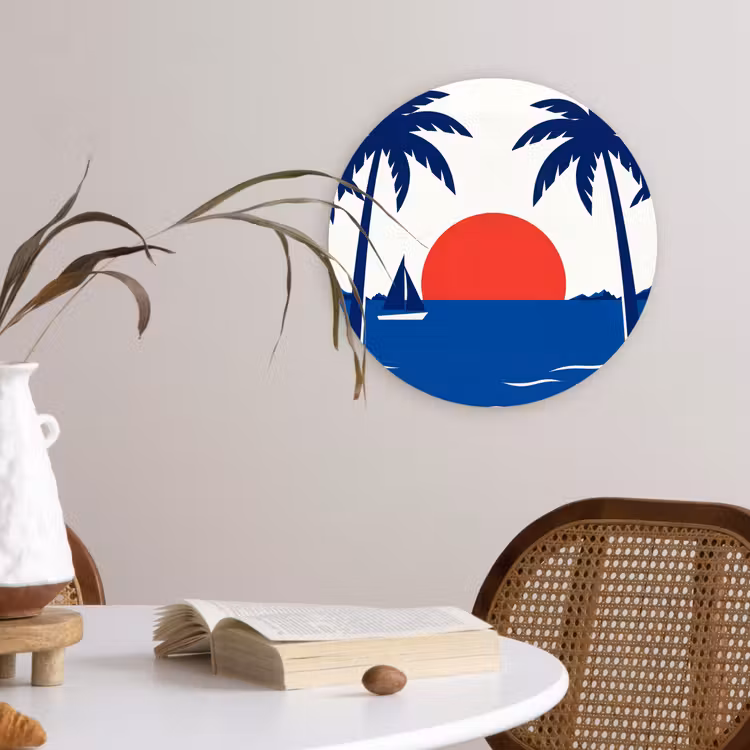 Zonsondergang - Zee - Palmboom - Tropisch - Modern Wandcirkel kunststof plaat 5mm dik klein -sfeer4