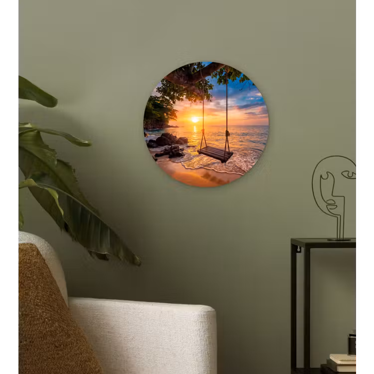 Schommel - Strand - Zonsondergang - Natuur - Oranje Wandcirkel kunststof plaat 5mm dik klein -sfeer3