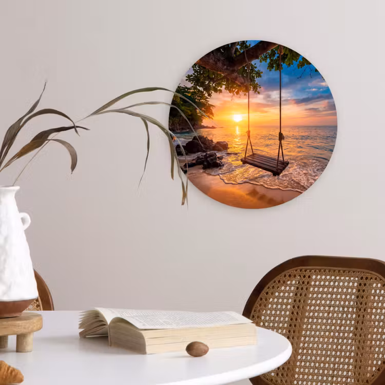 Schommel - Strand - Zonsondergang - Natuur - Oranje Wandcirkel kunststof plaat 5mm dik klein -sfeer4