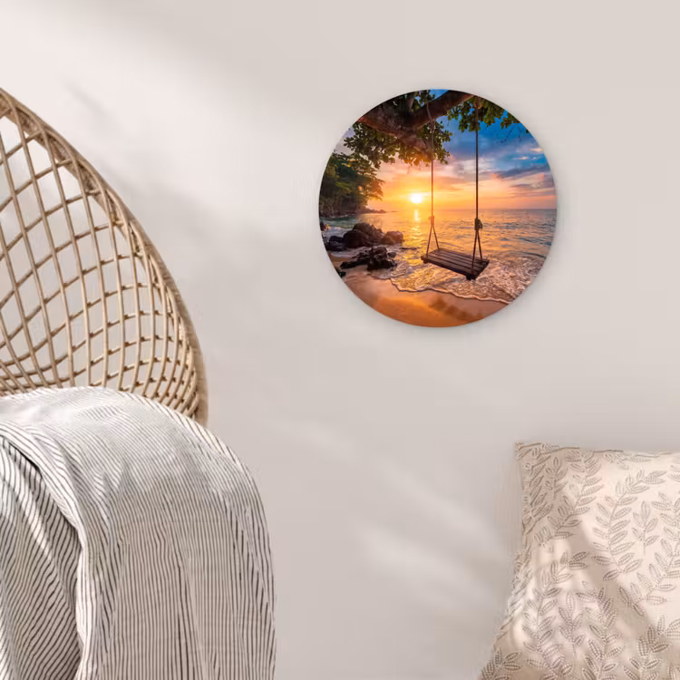 Schommel - Strand - Zonsondergang - Natuur - Oranje Wandcirkel kunststof plaat 5mm dik klein -sfeer5