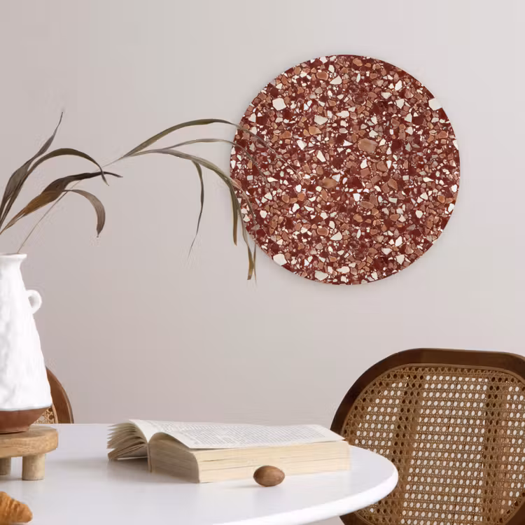 Terrazzo - Patroon - Steentextuur - Roodbruin Wandcirkel kunststof plaat 5mm dik klein 188 -sfeer4