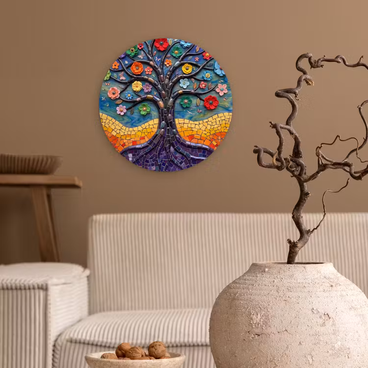 Levensboom - Mozaïek - Bloemen - Kleurrijk - Vrolijk Wandcirkel kunststof plaat 5mm dik klein -sfeer1