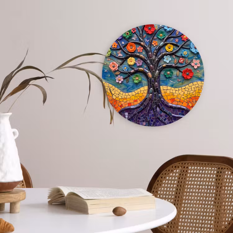Levensboom - Mozaïek - Bloemen - Kleurrijk - Vrolijk Wandcirkel kunststof plaat 5mm dik klein -sfeer4
