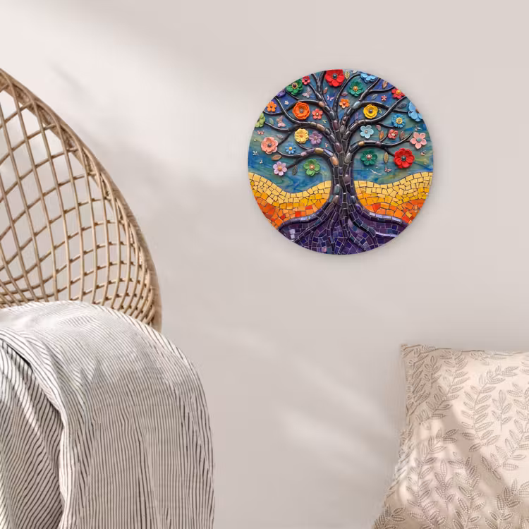 Levensboom - Mozaïek - Bloemen - Kleurrijk - Vrolijk Wandcirkel kunststof plaat 5mm dik klein -sfeer5