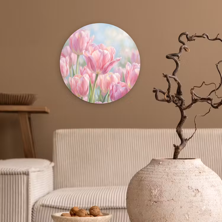 Tulpen - Veld - Lente - Roze Wandcirkel kunststof plaat 5mm dik klein -sfeer1