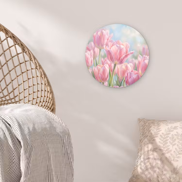 Tulpen - Veld - Lente - Roze Wandcirkel kunststof plaat 5mm dik klein -sfeer5