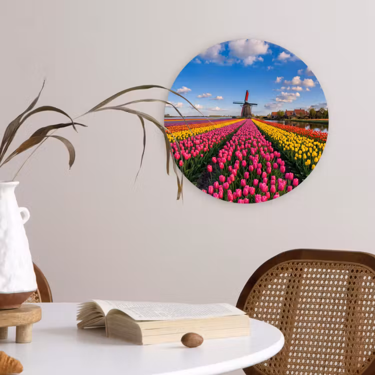 Tulpen - Holland - Molen - Kleurrijk Wandcirkel kunststof plaat 5mm dik klein -sfeer4